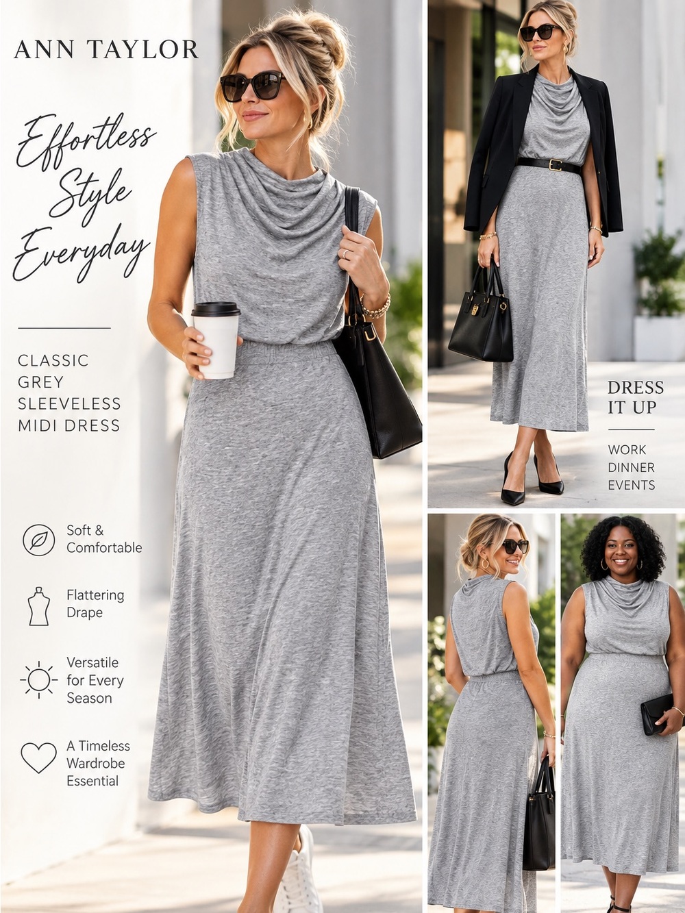 Ann Taylor Classic Grey Sleeveless Midi Dress 12Tall